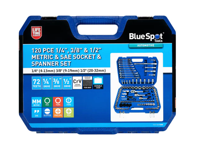 BlueSpot Tools 1/2in, 3/8in & 1/4in Metric Socket Set, 120 Piece