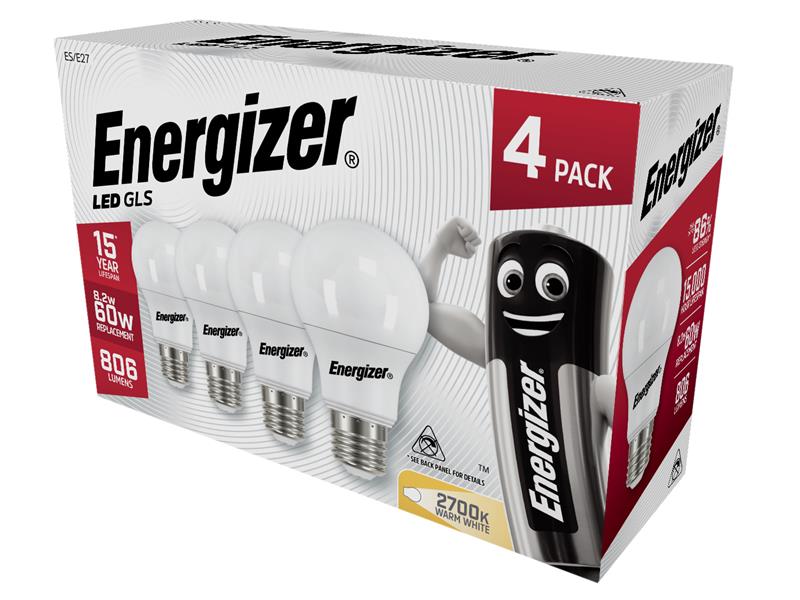Energizer® LED ES (E27) Opal GLS Non-Dimmable Bulb, Warm White 806 lm 8.2W (Pack 4)