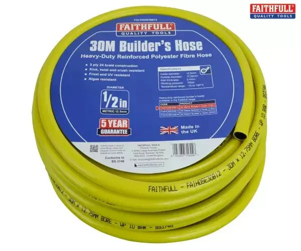 Faithfull Heavy-Duty Reinforced Builder's Hose 30m 12.5mm (1/2in) Diameter - Image 2