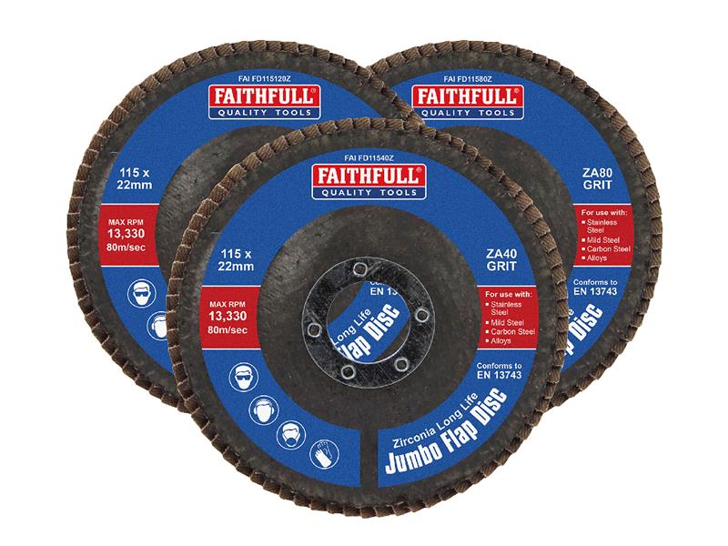 Faithfull Zirconia Abrasive Jumbo Flap Disc 115 x 22mm Mixed Grit (3 Pack)