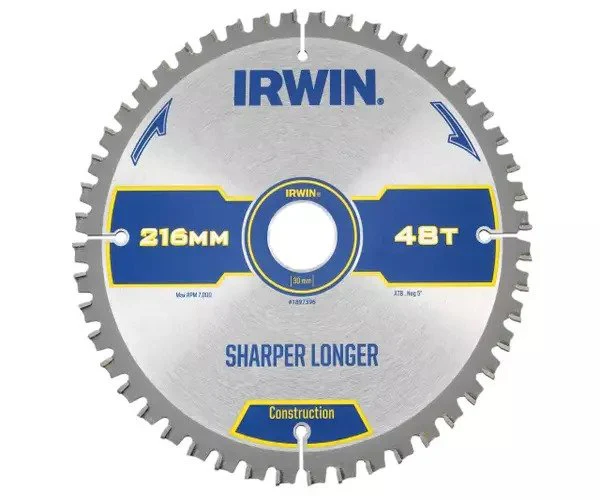 Irwin Construction Mitre Circular Saw Blade 216 x 30mm x 48T ATB/Neg