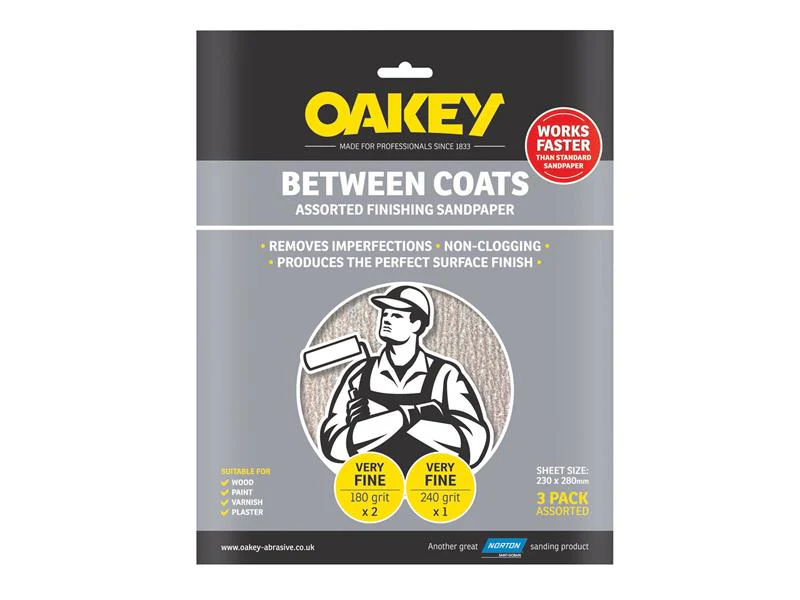 Oakey  Between Coats Finishing Sandpaper 230 x 280mm Assorted (3)