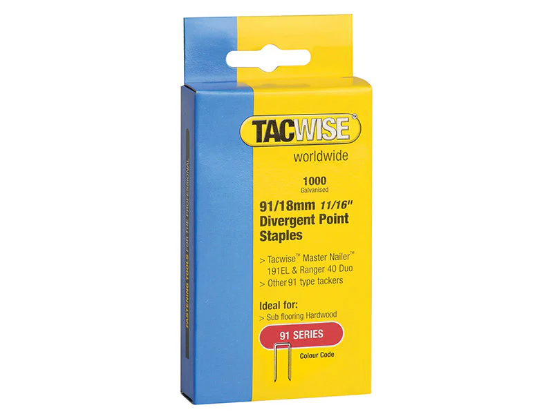 Tacwise  91 Narrow Crown Divergent Point Staples 18mm - Electric Tackers (Pack 1000)