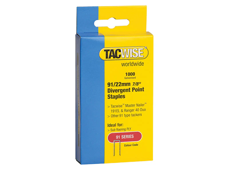 Tacwise  91 Narrow Crown Divergent Point Staples 22mm - Electric Tackers (Pack 1000)